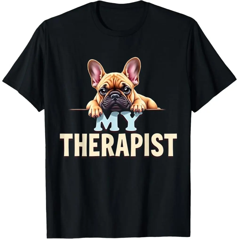 Women's Regular Fit Round Neck Short-Sleeve Cotton Apparel T-Shirt, Funny Frenchie Puppy My Therapist French Bulldog Tops