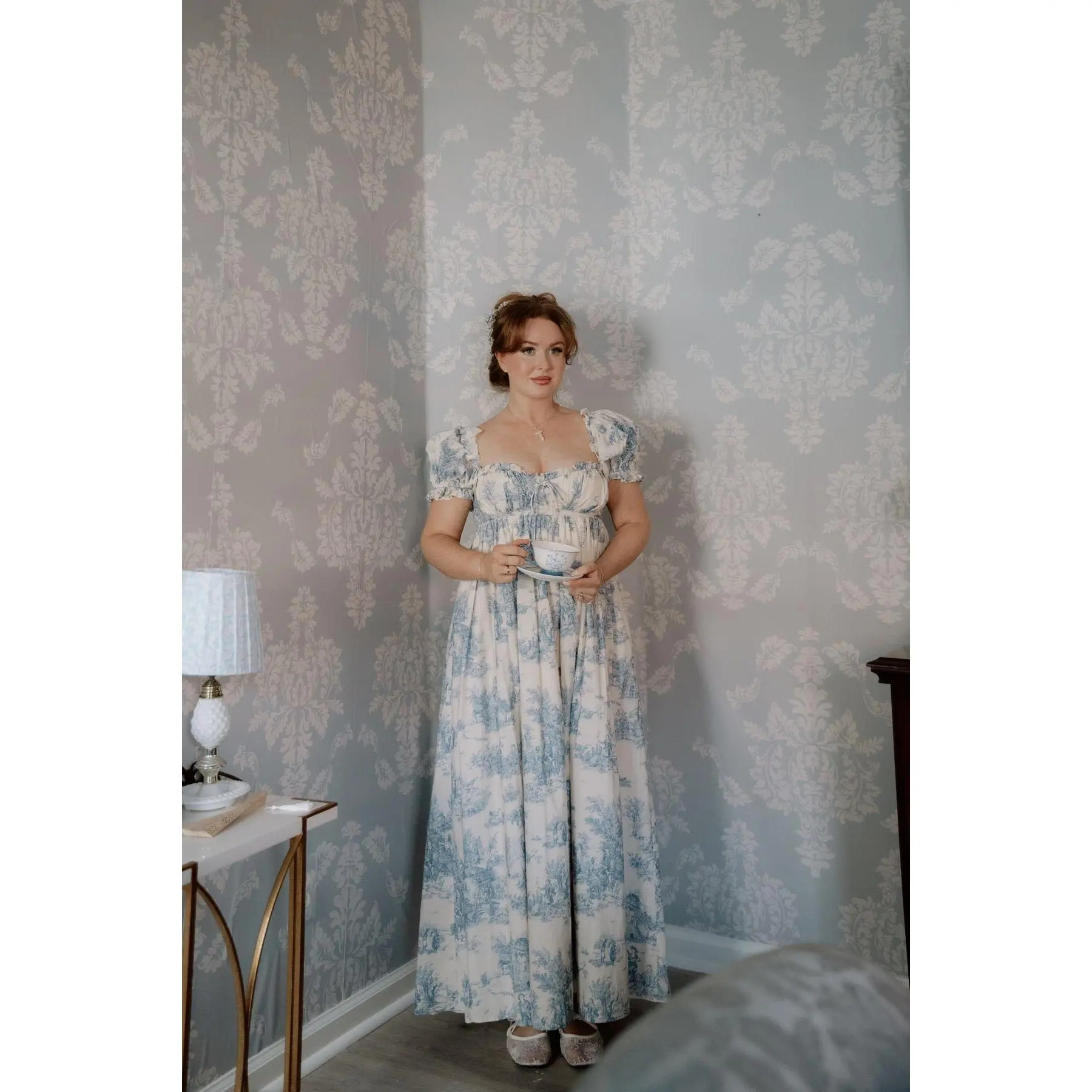 Olivia 100% Cotton Maxi Dress in Blue Toile - Bump Friendly
