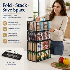 StowCraft Stackable Freezer Organizer Bins, Foldable Metal Wire Storage Baskets with Handles, Rust-Resistant Refrigerator Organizer for Fridge, Freezer & Pantry