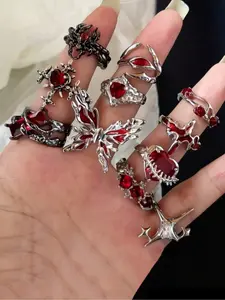 Punk Style Star & Heart & Butterfly  Design Stacking Ring Set, Gifts for Her, Goth Girl Jewelry, Holloween Rhinestone Decor Y2k Adjustable Ring, Fashion Accessories for Men & Women, Trendy All-match & Exquisite Jewelry for Birthday Gift