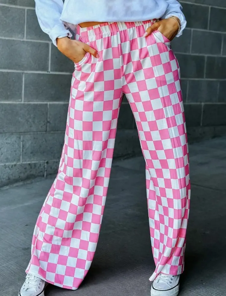 Vhein Women's Knit Pants, Casual Pink Plaid Straight-Leg Bottoms with a Loose Fit, Elastic Waistband, and Pockets, Print, Lady