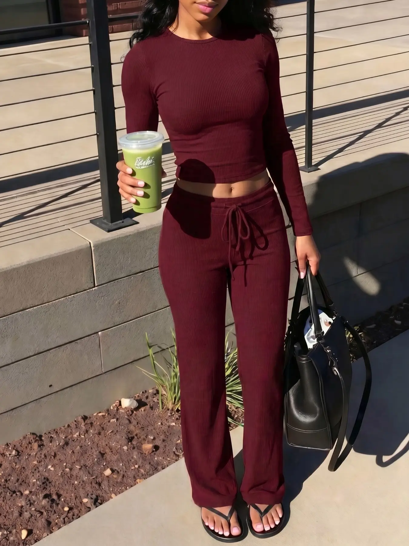 Women's Burgundy Ribbed 2 Piece Outfit 2026 Y2K Retro Long Sleeve Crop Top & High Waisted Flare Pants Casual Streetwear Womenswear Summer Daily Trendy Style Loungewear Viral TikTok Must Have Fashion Essential
