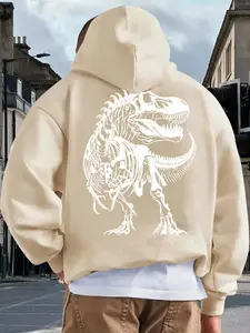 Men's Dinosaur Back Print Hoodie, Neon Tyrannosaurus Pattern, Casual All-Season Wear, Drawstring Cap, Loose Fit