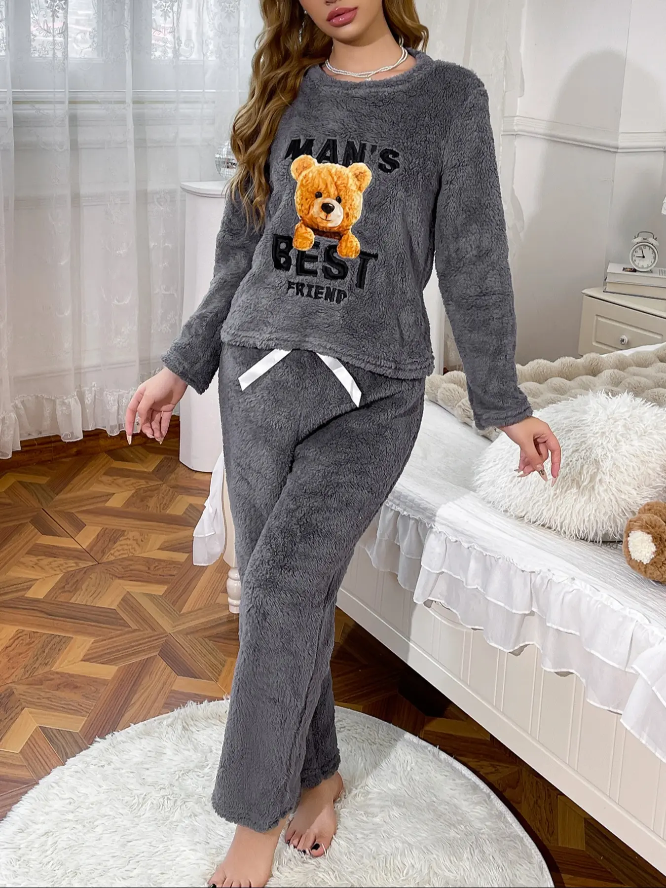Women's Grey Plush Teddy Bear Pajama Set, Thickened for Autumn and Winter Warmth, Lazy Style Loungewear Two - Piece (Top + Pants), Super Soft, Comfortable and Skin - Friendly Pajamas