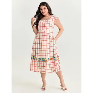 BLOOMCHIC Plus Size Grid Print Crochet Floral Pockets Midi Dress [M-6X]2026 Summer Vibes Swimweek