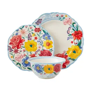 Brilliant Blooms 12-Piece Stoneware Dinnerware Set, Floral Design Bowl Cutlery