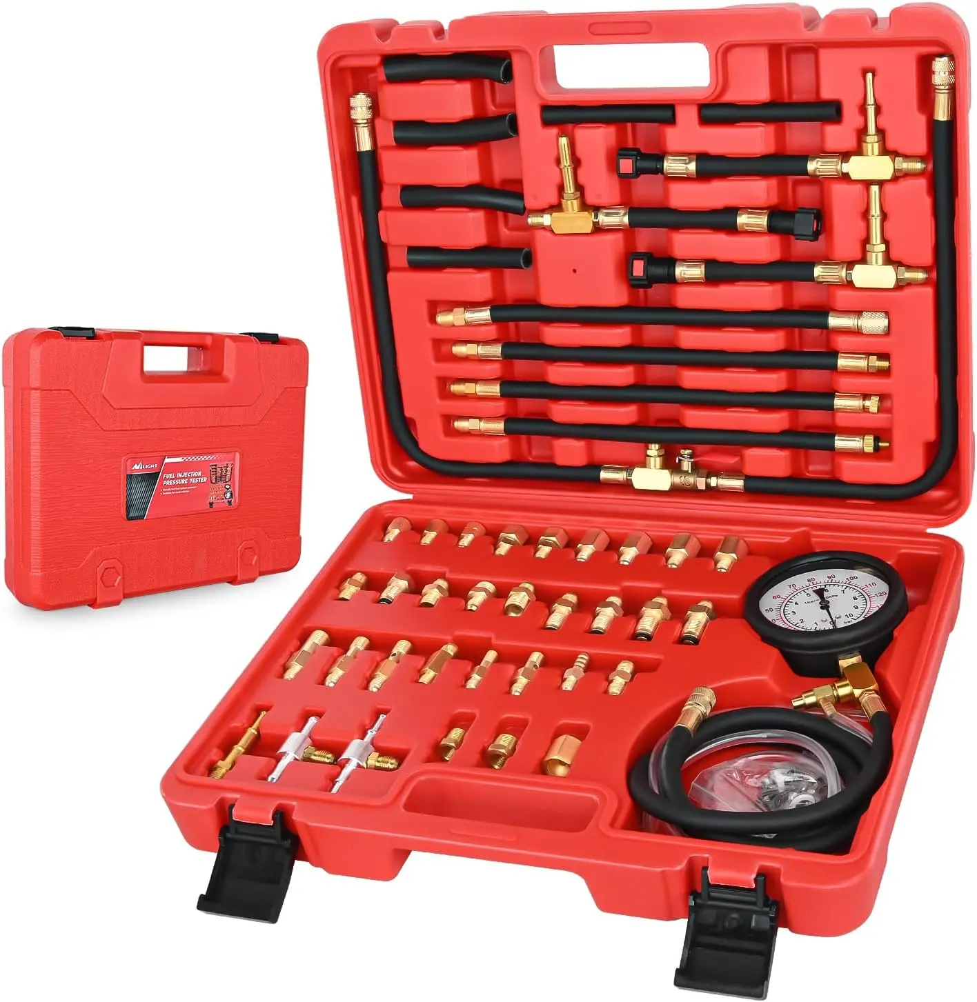 Nilight Fuel Pressure Tester Kit - 0-140 PSI Gauge with 9.49, 7.89, 6.30 Fittings, Master Auto Diagnostic Tool for Petrol Engine Cars, Car