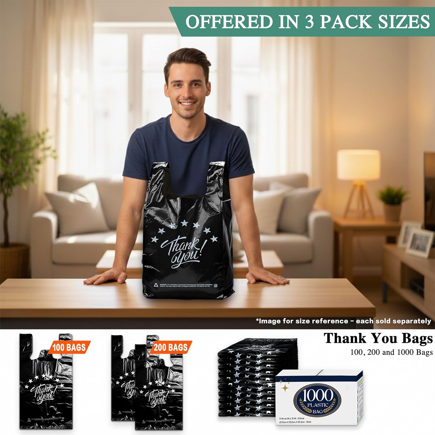 100 PCS Black Thank You T Shirt Bags, 11x6x21 Inch Grocery Shopping Bags, Reusable Disposable Plastic Supermarket Bags, Carry Out Retail Takeout Bags