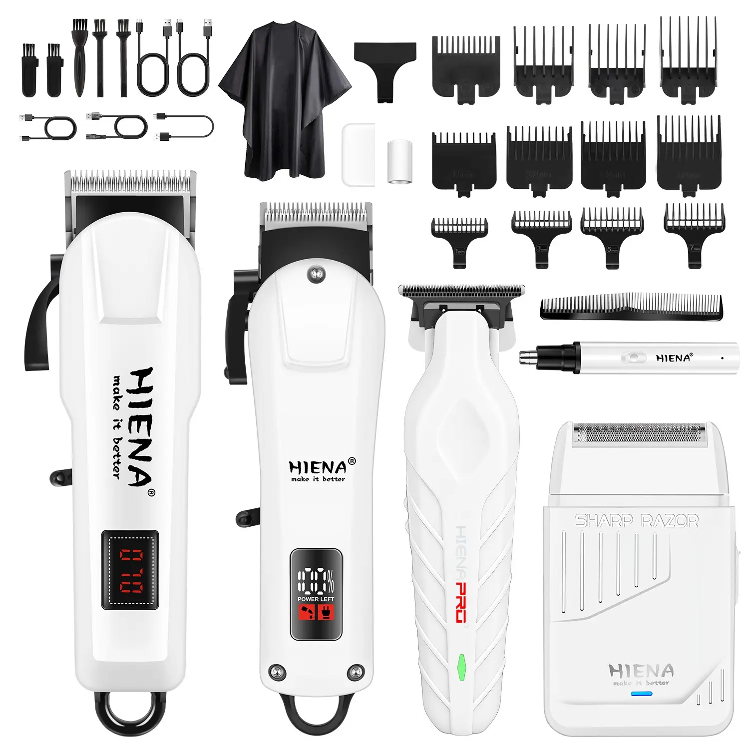 Set of 5, HIENA electric hair clipper white machine set USB rechargeable household radio scissors, professional LCD digital display, hairdressing tools for men's hair clippers, Cordless Clippers, Cordless hair cutting