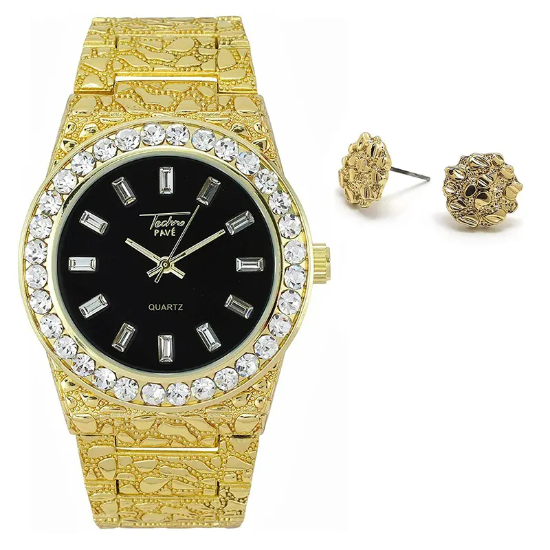 MaxBling81 Men's 2-Piece Gold-Plated Hip Hop Watch & Stud Earrings Set, Quartz Analog Black Round Face, Golden Nugget Pattern, Removable Links, Batteries Included, Metal Stainless Steel, Waterproof