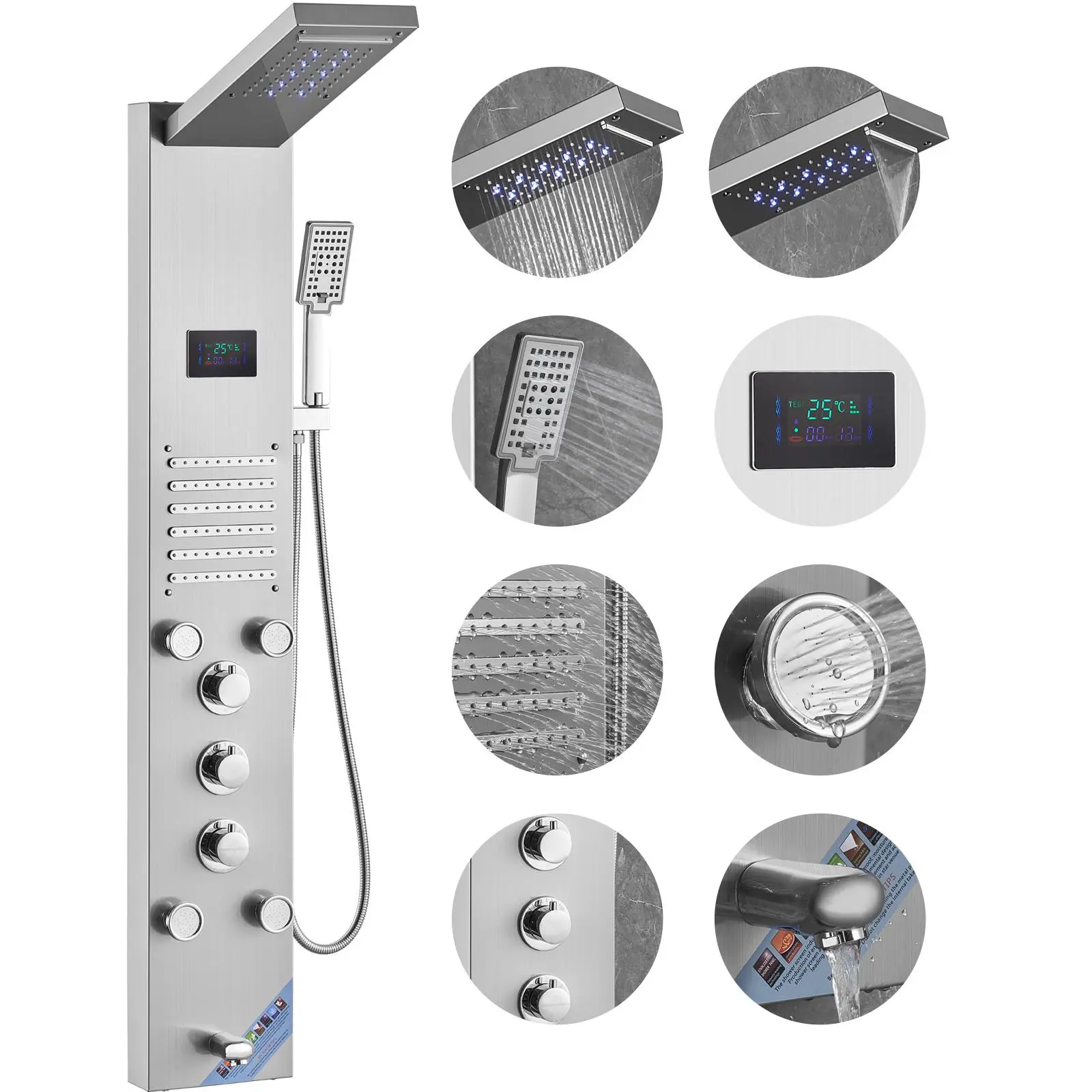 【summerfinds】VEVOR Shower Panel System, 6 Shower Modes, LED & Screen Hydroelectricity Shower Panel Tower, Rainfall, Waterfall, 5 Massage Jets, Tub Spout, Handheld Shower, Stainless Steel Wall-Mounted Shower Set