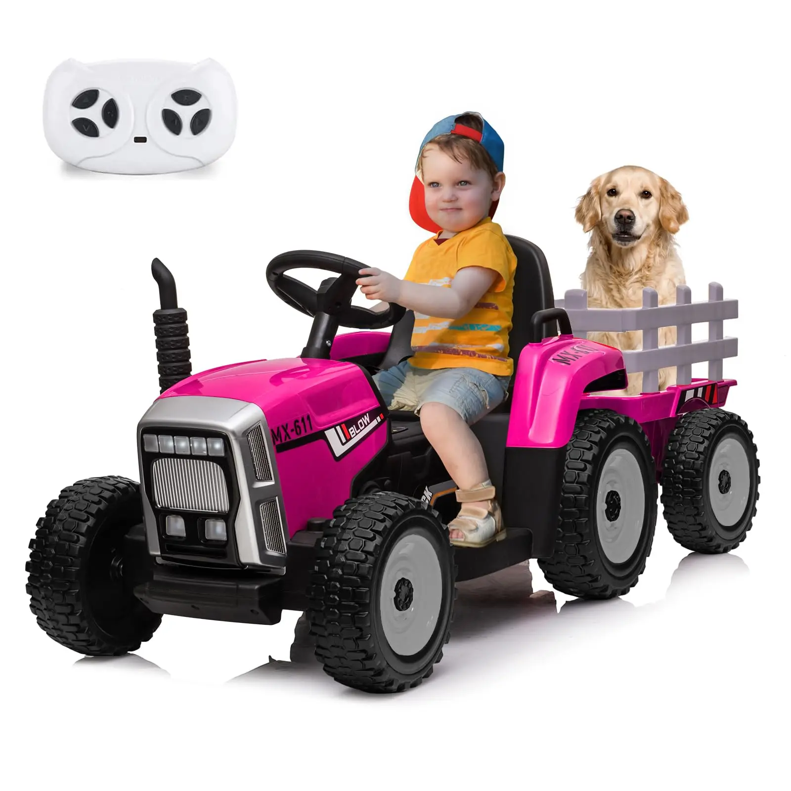 12V Battery-Powered Kids Electric Ride-On Tractor with Tractor Look, Detachable Trailer, Parental Remote Control, EVA Tires, 35W Power, LED Headlights, 2+1 Speed Gear Shift, Built-in Music Player & USB Port, Max 5mph, Ideal for 4-6 Years Old Toddlers, Uni