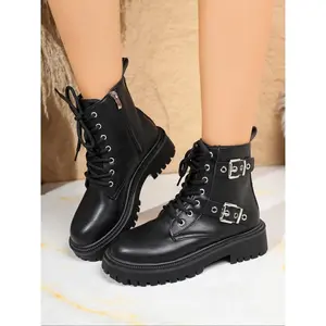 Women's Lace-Up Thick Sole Combat Boots, Metal Buckle Side Zipper, Punk Style Fashion Boots for Trendy