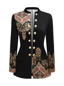 Elegant Women's Stand Collar Long Sleeve Blazer Coat, Vintage American Style, Asymmetric Embroidery, Metal Button Decor, Business/party Wear Jacket