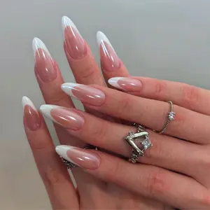 Glazy Chrome White French Tip Press On Nails Medium Almond – 24 pcs Fake Nails, Kit with Jelly Glue & File, Easy Application, Long-Lasting, Chic French Elegant Nails for Everyday & Special Occasions