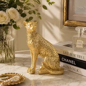 Golden Resin Leopard Sculpture, Abstract Animal Statue, Elegant Aesthetic Home Decor ornament for Shelf Display sports event souvenir dragon theme collectible Witchy Pop Culture Collectibles