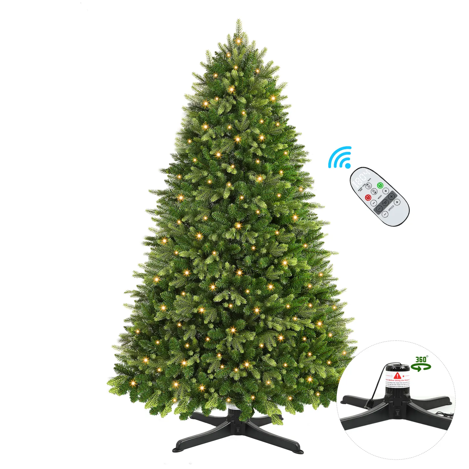 6/7.5ft Artificial Prelit PE+PVC Rotating Stand Blinking Christmas Tree with Warm White Lights 12 Lighting Modes Green Decorative Tree for Home