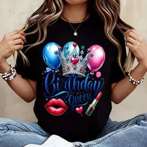 Birthday Queen Crown Balloons Lips And Lipstick Print T shirt Casual Short Sleeve Tee For Celebration Party Wear