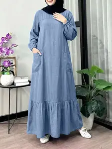 Women's Casual Ruched Dress, Round Neck Long Sleeve Woven Fabric, Loose-Fitting Ruffle Hem Flowy All Seasons Clothing, Perfect for Daily
