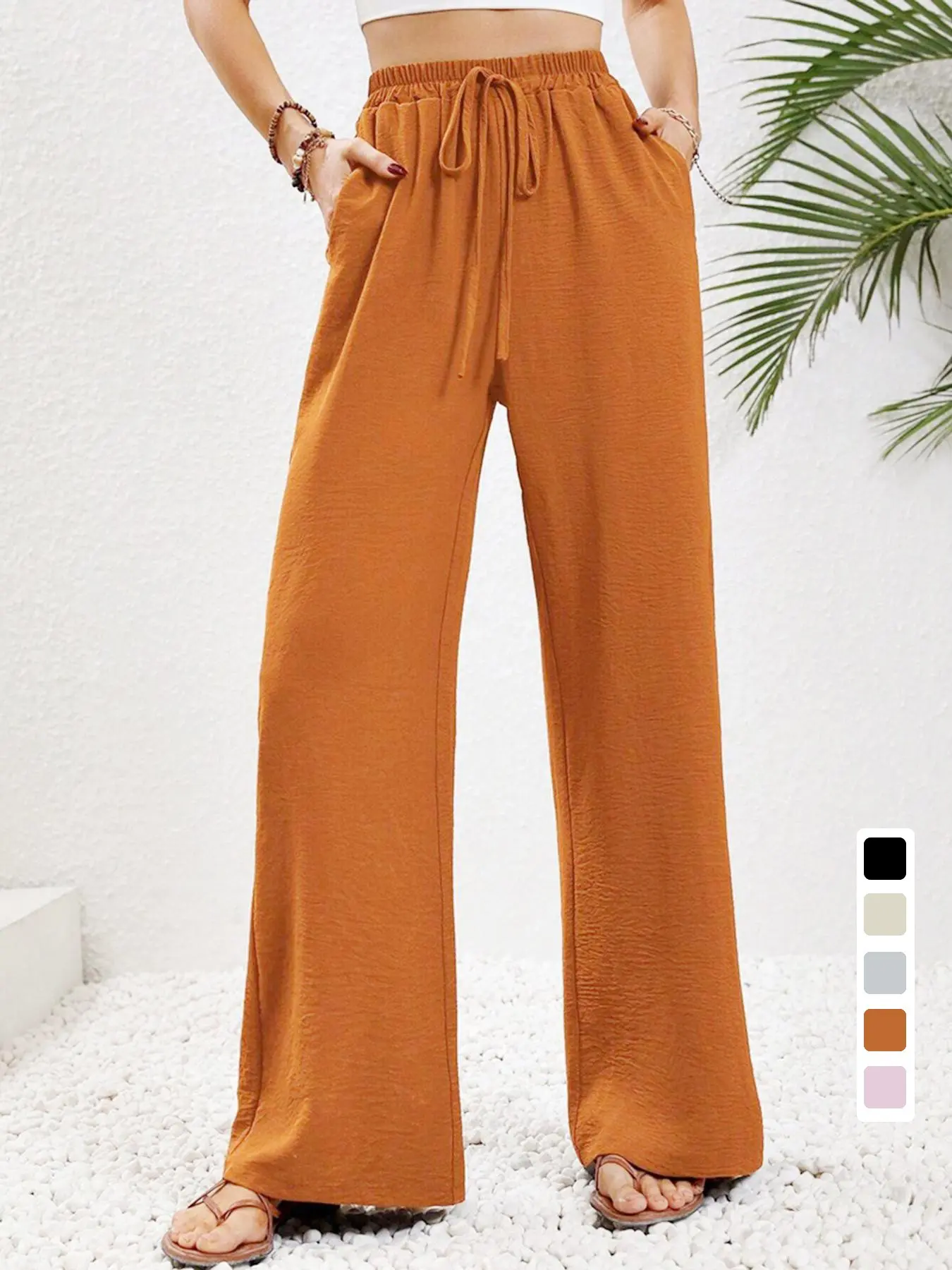 Women's new spring/summer/autumn solid color ice silk elastic wrinkled wide leg pants loose pants simple casual pants S-XXL