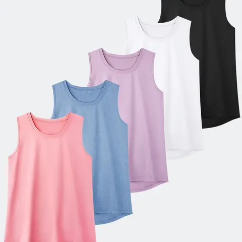 Women's 5-Pack Athletic Quick-Dry Polyester-Elastane Sportswear Tank Tops, Sleeveless Crew Neck Racerback Loose-Fitting for Yoga, Gym Workouts