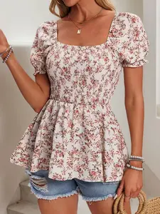 Summer New Women's Fashion Floral Print Ruched Gathered Short Sleeve Top, Bubble Sleeve Square Neck Blouse Shirt, Stylish Casual Wear