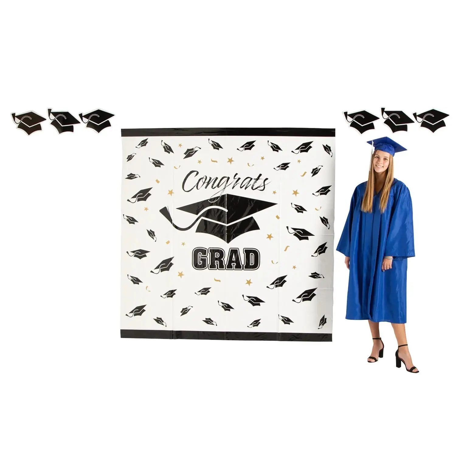 6 Ft. x 6 Ft. Congrats Grad Backdrop with Graduation Cap Cutouts - 3 Pc.