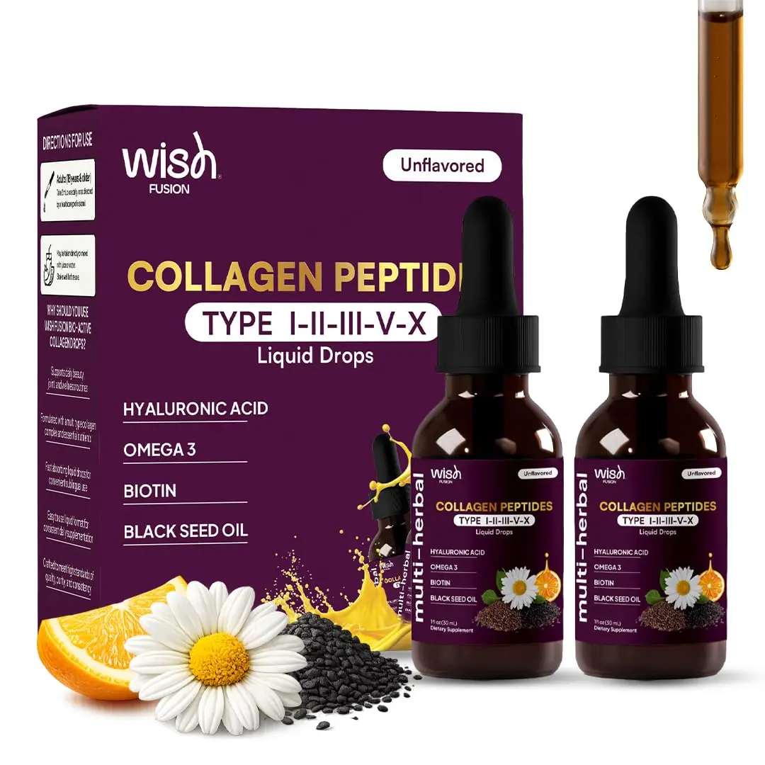 Wish Fusion Liquid Collagen Peptides for Women & Men | Support Skin, Hair, Nail Strength & Joint Mobility|Hydrolyzed Collagen Peptides Drops, Glucosamine, Hyaluronic Acid, Vitamin C |2 Pack