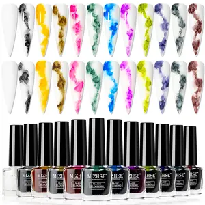 MIZHSE Marble Nail Polish 12 Vibrant Colors Gel Blooming Ink Magic Watercolor Effects for Manicure Nail Art Flower Design Rhinestone Glue