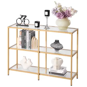 VEVOR 3-Tier Tempered Glass Console Table, Modern Accent Tables, Golden Indoor Desk with Iron Legs & Anti-Tip Device for Living Room, Hallway