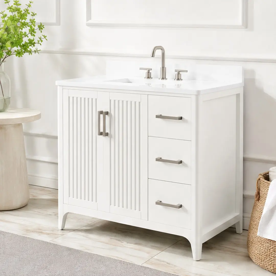 36-Inch ARCH Wood Modern Farmhouse Pre-Assembled Floor Cabinet Bathroom Vanity, White Finish, Ultra-White Countertop, Sink, 3 Silent Drawers, Adjustable Shelves, Built-In Power Station, Hardware, Avoid Abrasive Cleaners, for Storage & Organization, Easy B