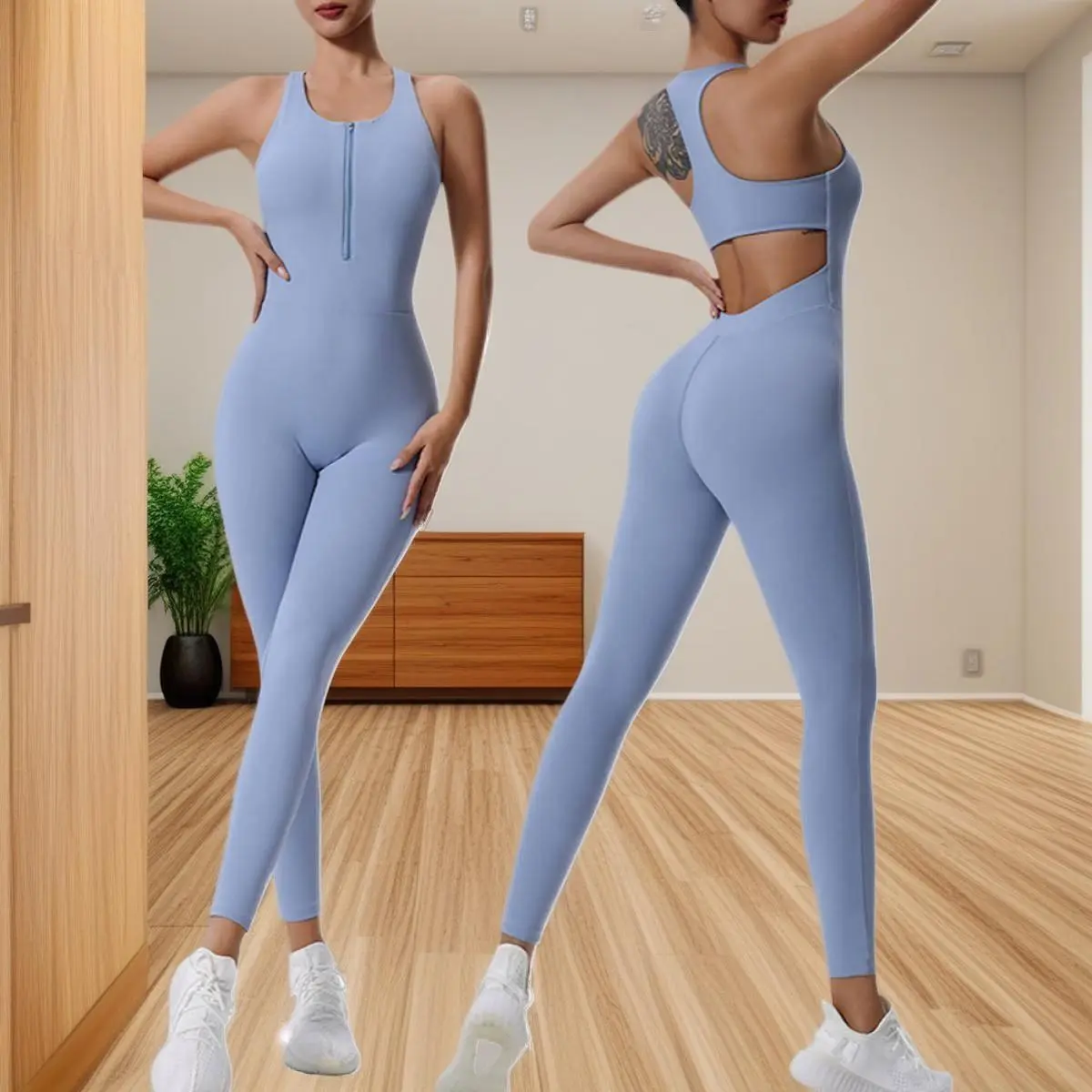 One Piece Workout Jumpsuits for Women Backless Tummy Control Sleeveless Knitting Zip Up Yoga Romper slim fit jumpsuit sporty fashion
