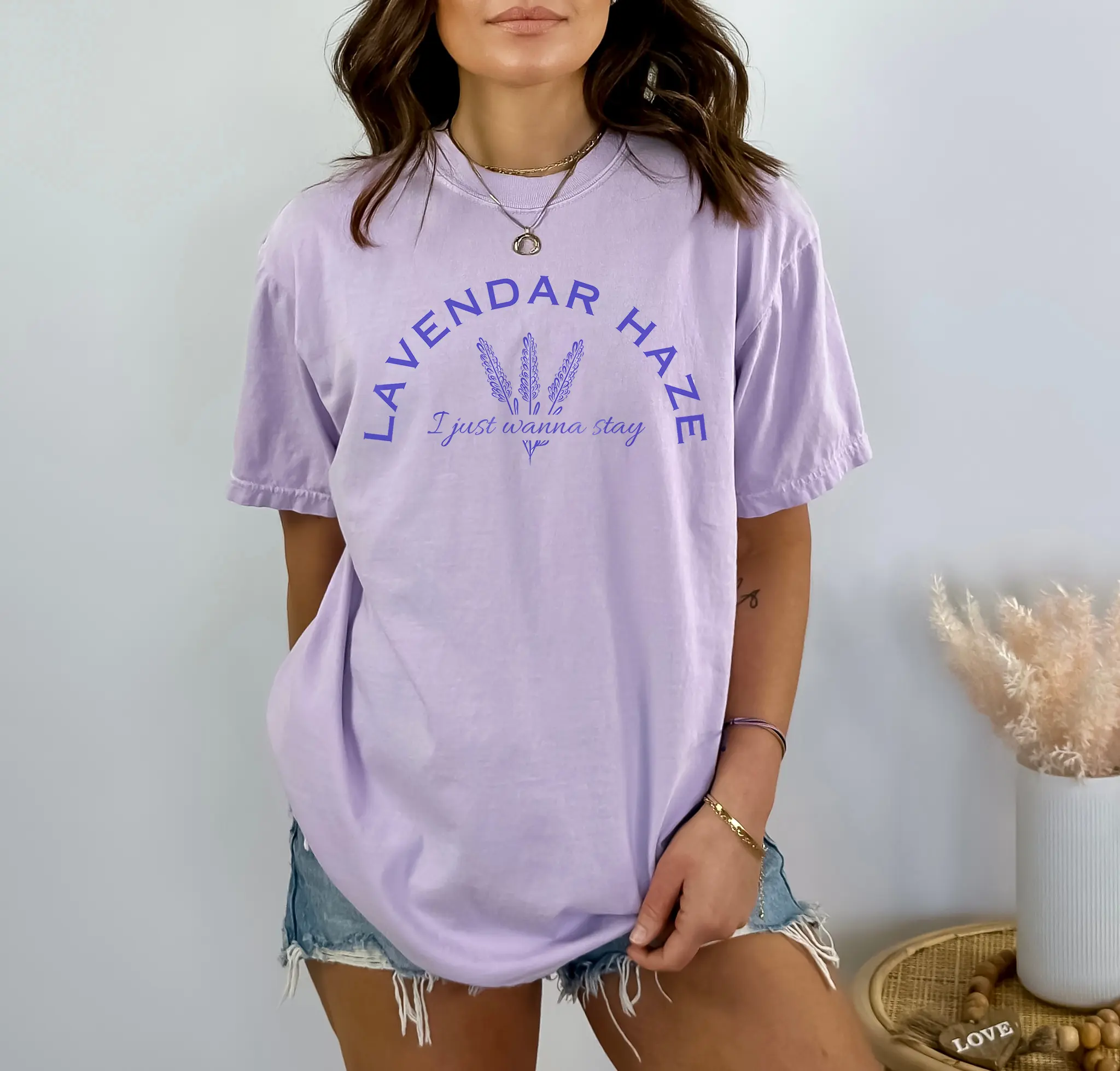 Lavender Vibes: Bella Crew Neck Tee (White/Lavender) - Soft, Graphic Print
