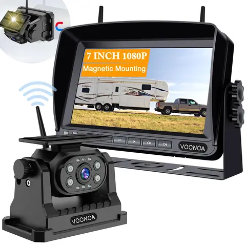 Wireless Magnetic Snapon Backup Camera VN003 Car Accessory - 7in 1080P HD Monitor System, 15000mAh Rechargeable Solar Power Charger, Suction Cup Bracket, 3-min Setup, Waterproof Bluetooth Hitch Camera, Night Vision, DIY Install for Car, Truck, Trailers