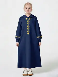 Muslim Girls' Hooded Abaya Dress, Blue Gold Embroidered Heart Sun Pattern, Casual Loose Fit Long Sleeve, All Seasons