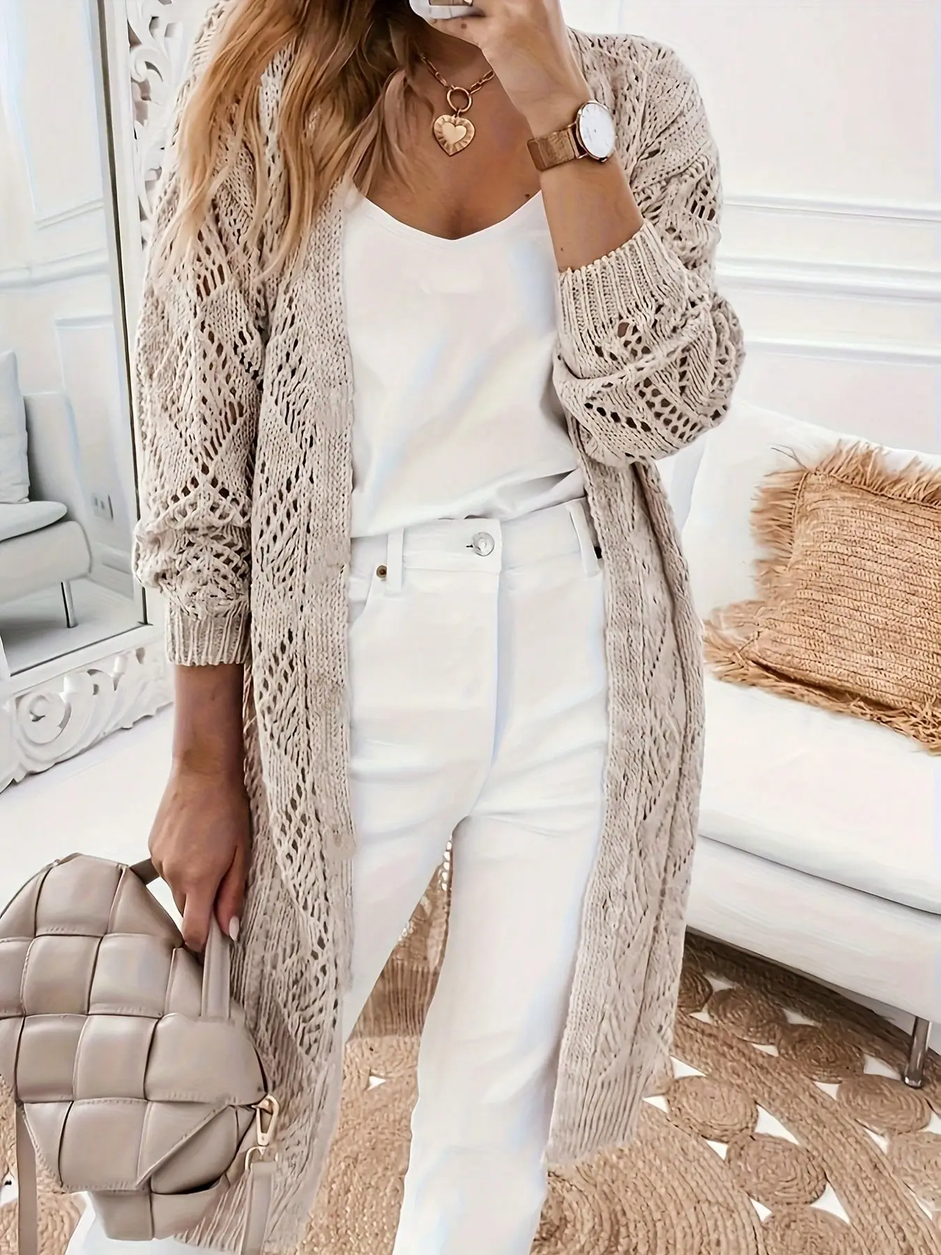 Women's Knitted Cardigan, Open Knit, Casual Button Front Long Sleeve Sweater, Daily Wear, All-Season Fashion, Ladies' Clothing, Knitwear