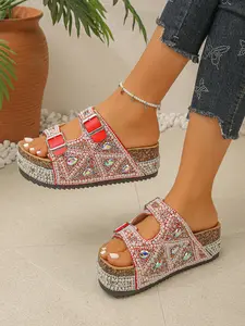 Women's Summer Sandals with Pearl Rhinestones, Dual Buckle Platform Flip Flops, Sweet Style Braided Thick Sole Slippers
