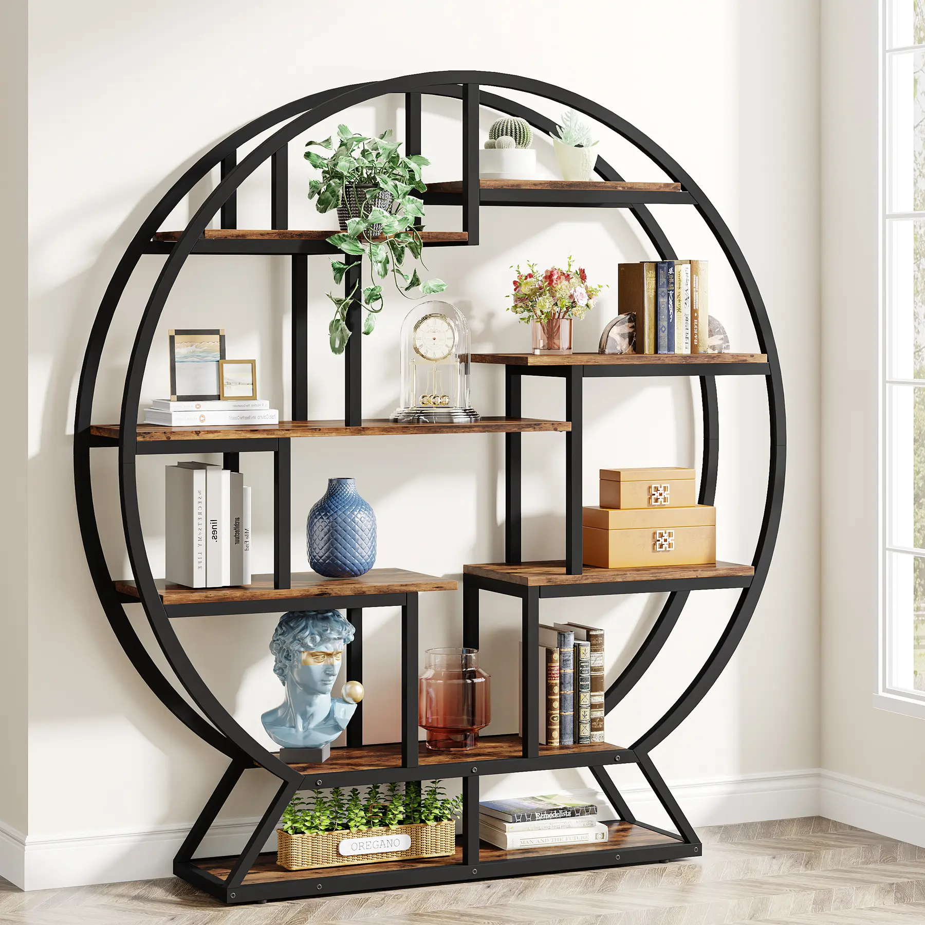 Tribesigns Round Bookshelves Etagere Bookcase, 63 Inch Industrial Wood Book Shelf with Staggered Shelves, for Home Office, Living Room Tribesigns Round Bookshelves Etagere Bookcase, 63 Inch Industrial Wood Book Shelf with Staggered Shelves, for Home Office, Living Room