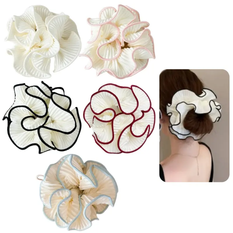 5pcs Oversized Ruffled Floral Hair Scrunchies, Double Layer Pleated Fabric Large Flower Hair Ties, Soft Elastic Hair Bands for Women Daily Hairstyle Party Decor, Cute Ruffled Trim Fabric Hair Ties