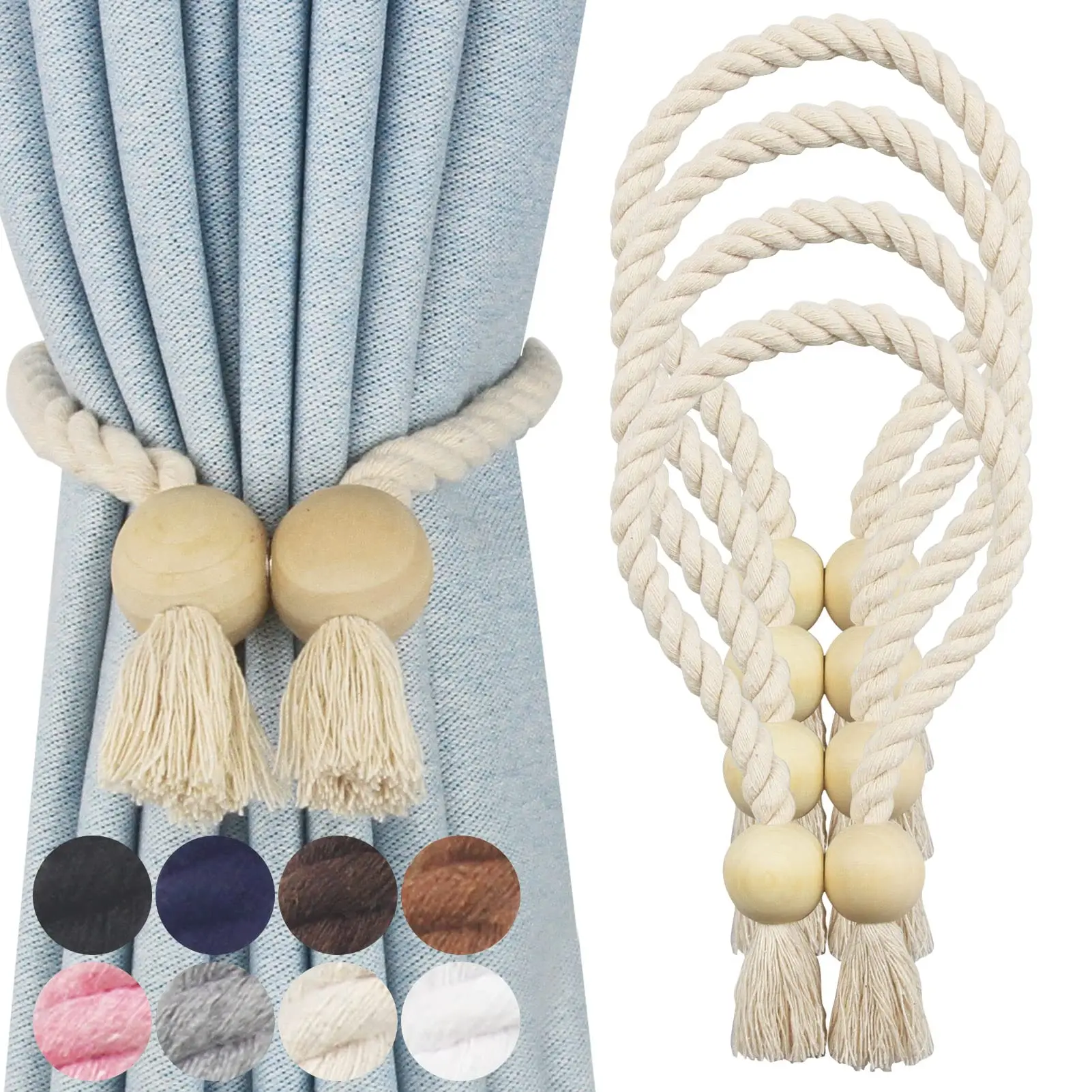 4pcs Hand Woven from Cotton Magnetic Curtain Tiebacks - Natural Looking Twist Cotton Rope Tassel, Strong Magnets, Adjust Length Freely, No Tools Required, Beige Soft Rope Curtain Rings Drapery Holdbacks (Kitchen Specialty Accessory)