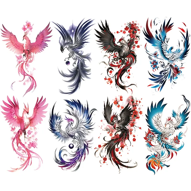 8 Pcs Colorful Phoenix Bird Arm Temporary Peel Off Tattoo Stickers, Fake Tattoos, Ephemeral Tattoos, Waterproof Realistic Body Art Tattoos for Men and Women, Large Half-Arm Design
