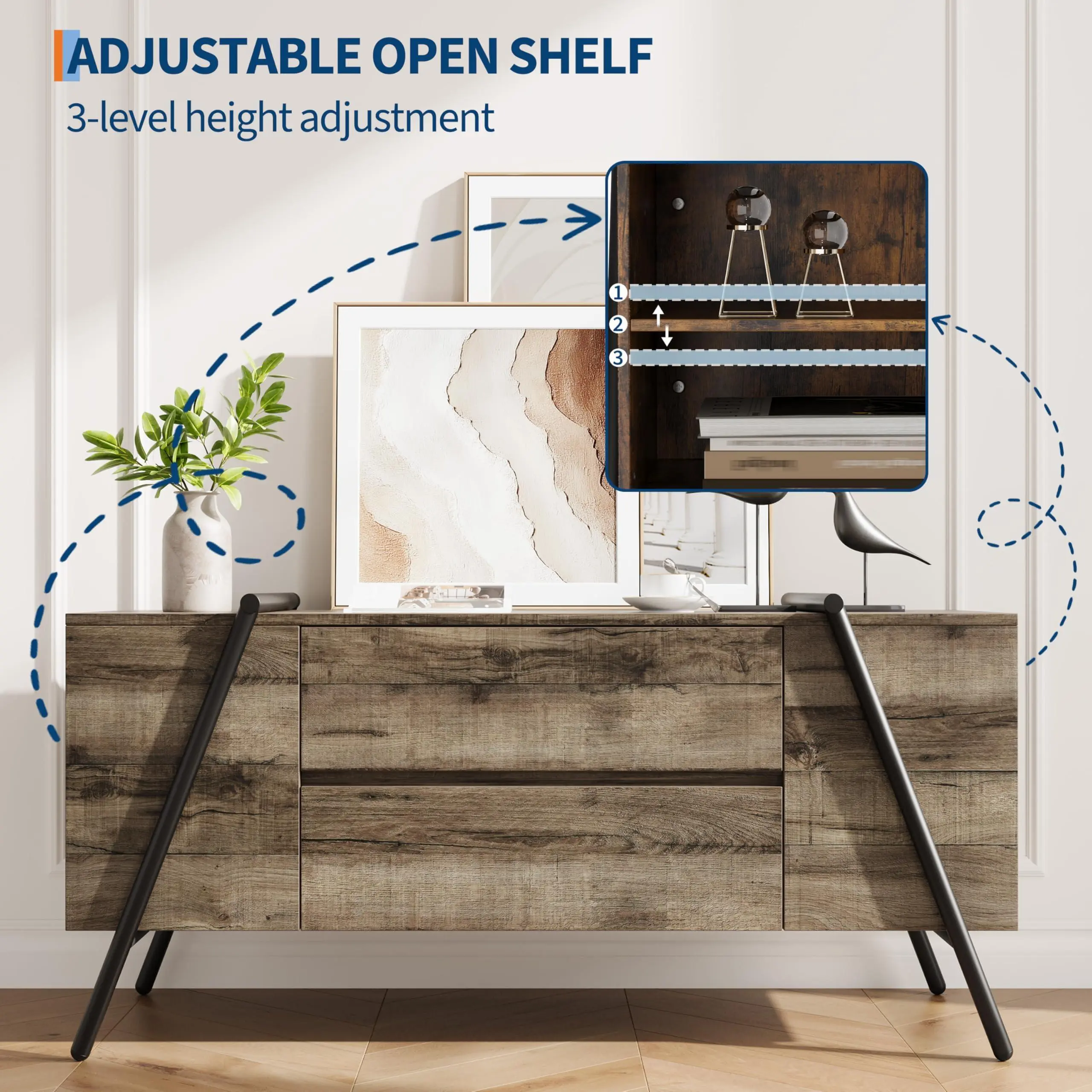Garvee Modern Entertainment Center TV Stand - 47.24" x 17.52" x 22.83" - For 60-65 Inch TVs - Oak/Orange Blemish-Resistant Durable MDF - Storage Drawers - U-Shaped Black Metal Legs - Assembly Required Media Console for Living Room, Bedroom