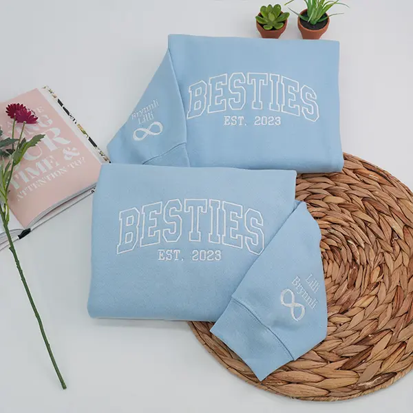 Custom Besties Embroidered Sweatshirt, Matching Best Friend Crewneck with Names on Sleeve, Personalized BFF Gift Outfit