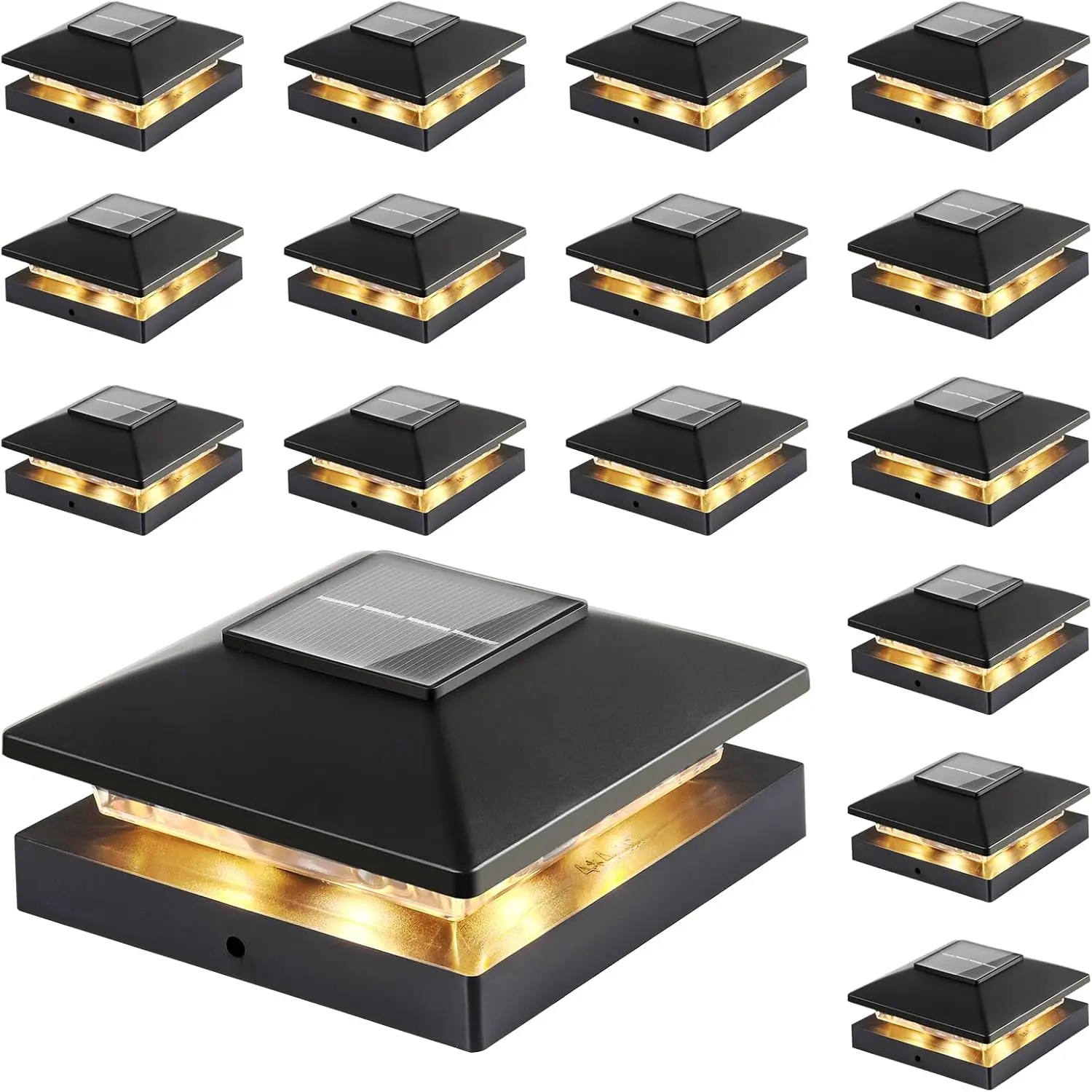 Solar  Cap Lights Outdoor 16-Pack, Black  Solar  Deck Fence Lights Fit 4x4 /Vinyl Posts, Bright Warm White for Patio, Porch