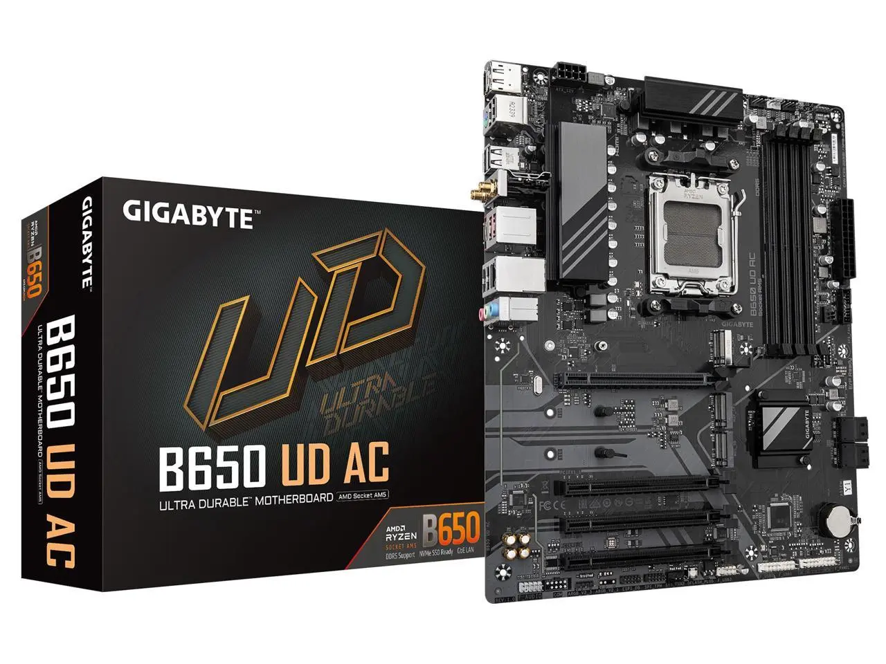 GIGABYTE B650 UD AC (rev. 1.0) AM5 LGA 1718 AMD B650 ATX Motherboard with 5-Year Warranty, DDR5, PCIe 4.0 M.2, PCIe 4.0, USB 3.2 Gen2x2 Type-C, GbE LAN