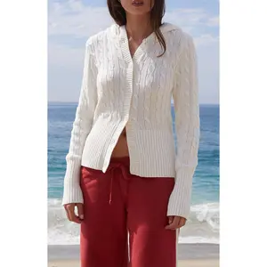 John Galt Women's White Cable Knit Button Down Hooded Sweater