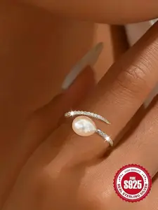 S925 Sterling Silver Faux Pearl Decorated Ring, Adjustable Ring for Women & Girls, Fashion Jewelry for Party, Daily Decor, Trendy All-match & Exquisite Jewelry for Birthday Gift, Bridal Rings, Wedding Ring