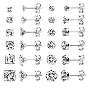 A Set of 12/6 Pairs Stainless Steel Stud Earrings for Women Men Girls,Hypoallergenic Silver Earrings for Ladies,Multipack Cubic Zirconia Earrings Studs,Christmas Party Gifts,Hand Tools Kits