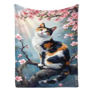 Calico Cat Lover Gift Soft Cozy Flannel Blanket - Watercolor Cherry Blossom Cat Print Plush Throw, Warm Fuzzy Bedroom Sofa Blanket, Perfect Home Decor Gift for Cat Mom Women Men for Birthday Holiday