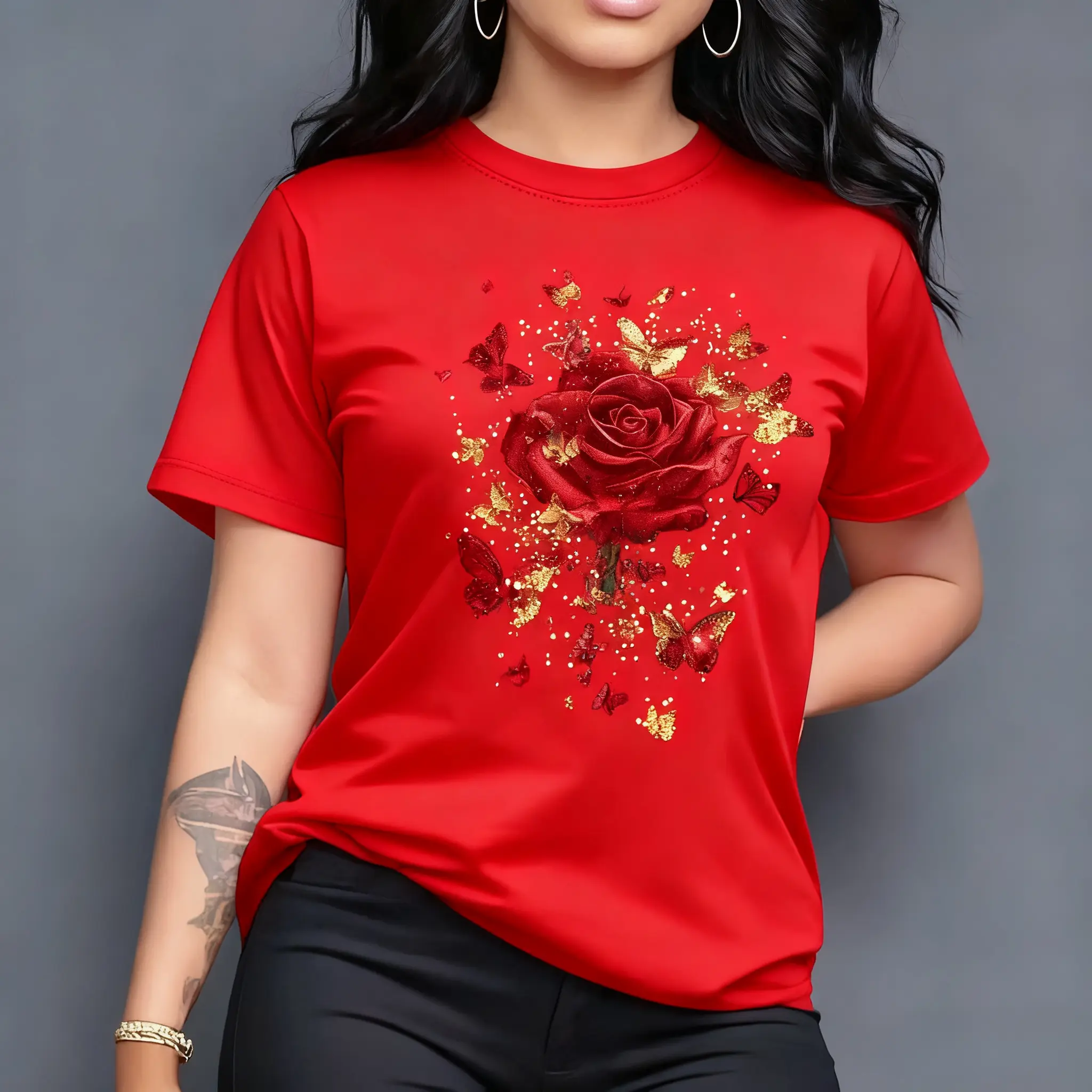 Women's Purple Butterfly Rose Graphic Tee, Casual Loose Fit Cotton Short Sleeve Top for Spring and Summer, Shortsleeve, Tshirt, Basic, Fabric, Smooth, Printed, Easter, Cold Machine Wash, Heavy Cotton, True Size Fit, All Seasons, Asymmetrical, Do Not Bleac